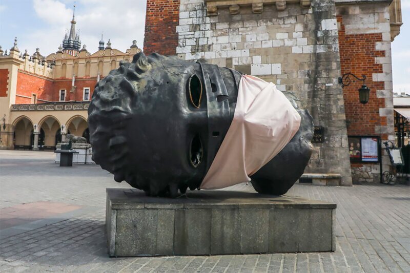 Igor Mitoraj’s sculpture ‘Eros Bendato’ (Eros Bound) at the Main Square in Krakow, Poland. Coronavirus